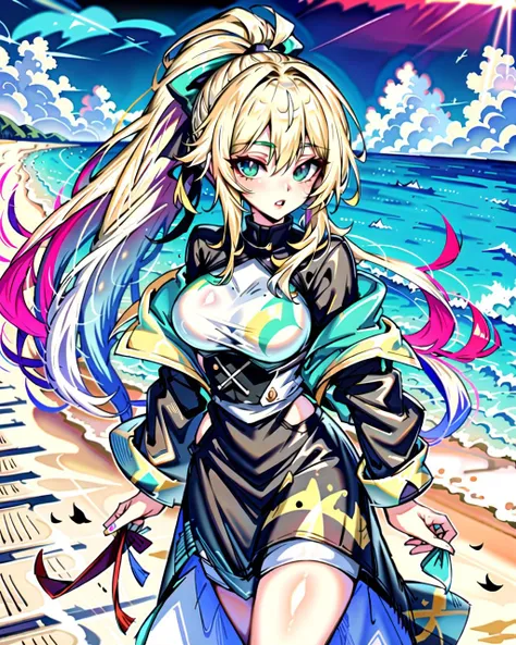 ((masterpiece), best quality, high quality, professional quality, highly detailed, highres, perfect lighting, natural lighting),, (1girl, beautiful, medium breasts, (multicolored hair, brown hair,blonde hair,purple hair, long hair, high ponytail), perfecteyes eyes), (wearing dairy cow print, extremelyBeautiful_beautifulclotheswild/Extremely beautiful clothes), on the beach, walking the boardwalk, <lyco:locon_perfecteyes_v1_from_v1_64_32:0.6> <lora:Anime_Lineart_Style_Lora:1>