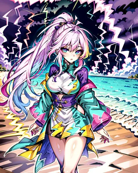 ((masterpiece), best quality, high quality, professional quality, highly detailed, highres, perfect lighting, natural lighting),, (1girl, beautiful, medium breasts, (multicolored hair, blue hair,silver hair,purple hair, long hair, high ponytail), perfecteyes eyes), (wearing snakeskin print, extremelyBeautiful_beautifulclotheswild/Extremely beautiful clothes), on the beach, walking the boardwalk, <lyco:locon_perfecteyes_v1_from_v1_64_32:0.6> <lora:Anime_Lineart_Style_Lora:1>