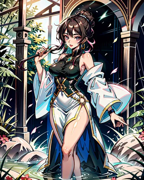((masterpiece), best quality, high quality, professional quality, highly detailed, highres, perfect lighting, natural lighting), Loose-fitting ankle-length gown made of lightweight linen in muted forest green, featuring a high waistline and wide sleeves, Trailblazer, Average Height, Wide Hips, Round Face, Tan Skin, Light Brown Hair, Gray Eyes, Wide Nose, Full Lips, Round Chin, Shoulder-Length Hair, Thick Hair, Low Messy Bun, augmented breasts, Hoop earrings, soft pink stain lipstick, Standing with one leg extended forward and reaching for the foot with the hand, Whimsical medieval town square, complete with a central fountain and colorful banners,Absorbing and releasing energy, tankini, Countess, Short, Thin, Round Face, Dark Skin, Black Hair, black Eyes, Narrow Nose, Thin Lips, Receding Chin, Long Hair, Curly Hair, Fringed Bangs, natural breasts, Faux gauge earrings, pink sheer lipstick, Liquid cascading down in rivulets, Majestic waterfall, <lyco:locon_perfecteyes_v1_from_v1_64_32:0.6>, <lora:Anime_Lineart_Style_Lora:0.6>