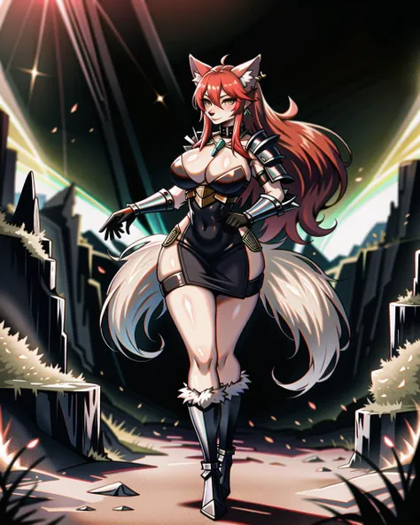 ((masterpiece), best quality, high quality, professional quality, highly detailed, highres, perfect lighting, natural lighting), ((Furry, covered in fur, wolf furry):1.2), holographic, Intergalactic space station, Teleportation pod, A rocky, mountainous planet with deep canyons and massive cave systems, inhabited by bioluminescent creatures., Alien battlefield, Spaceship,Studded leather armor with arm guards, chest plate, and leg greaves, Female Warrior, Tall, Firm, Triangular Face, Dark Skin, Red Hair, Amber Eyes, Narrow Nose, Full Lips, Receding Chin, Long Hair, Fine Hair, Formal Updo, natural breasts, Faux gauge earrings, coral sheer lipstick, Standing with feet wide apart, bending one knee and keeping the other leg straight, Mysterious medieval forest shrouded in mist, hiding secrets within its ancient trees, <lyco:locon_perfecteyes_v1_from_v1_64_32:0.6>, <lora:Anime_Lineart_Style_Lora:0.6>