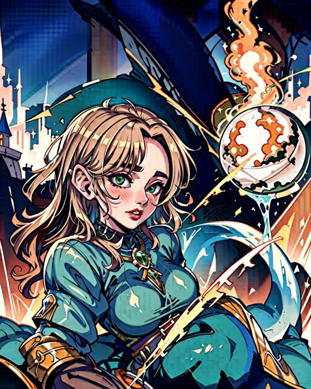 ((masterpiece), best quality, high quality, professional quality, highly detailed, highres, perfect lighting, natural lighting), Cleric, Icon, Short, Stocky, Diamond-Shaped Face, Dark Skin, Salt and Pepper Hair, Blue Eyes, Wide Nose, Full Lips, Receding Chin, Stubble, Long, Spiky, A sprawling castle, perched high on a rocky cliff overlooking the sea,Decked, Mistress, Average Height, Firm, Square Face, Olive Skin, Light Brown Hair, green Eyes, Wide Nose, Full Lips, Receding Chin, Long Hair, Wavy Hair, Afro, small breasts, , golden cream lipstick, The peacefulness of a distant space colony, with its domed structures and artificial lights shining in the darkness, The explosion unleashes a powerful shockwave, causing the ground to tremble and structures to crumble, <lyco:locon_perfecteyes_v1_from_v1_64_32:0.6>, <lora:Anime_Lineart_Style_Lora:0.8>