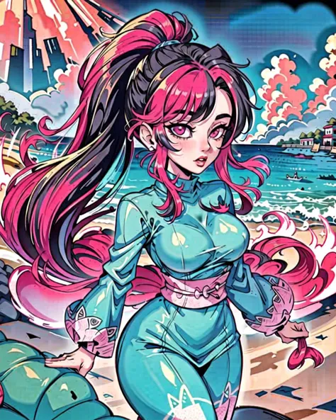 ((masterpiece), best quality, high quality, professional quality, highly detailed, highres, perfect lighting, natural lighting), (1girl, beautiful, medium breasts, (multicolored hair, red hair,black hair,pink hair, long hair, high ponytail), perfecteyes eyes), (wearing crocodile texture print, extremelyBeautiful_beautifulclotheswild/Extremely beautiful clothes), on the beach, walking the boardwalk, <lyco:locon_perfecteyes_v1_from_v1_64_32:0.6>, <lora:Anime_Lineart_Style_Lora:0.6>