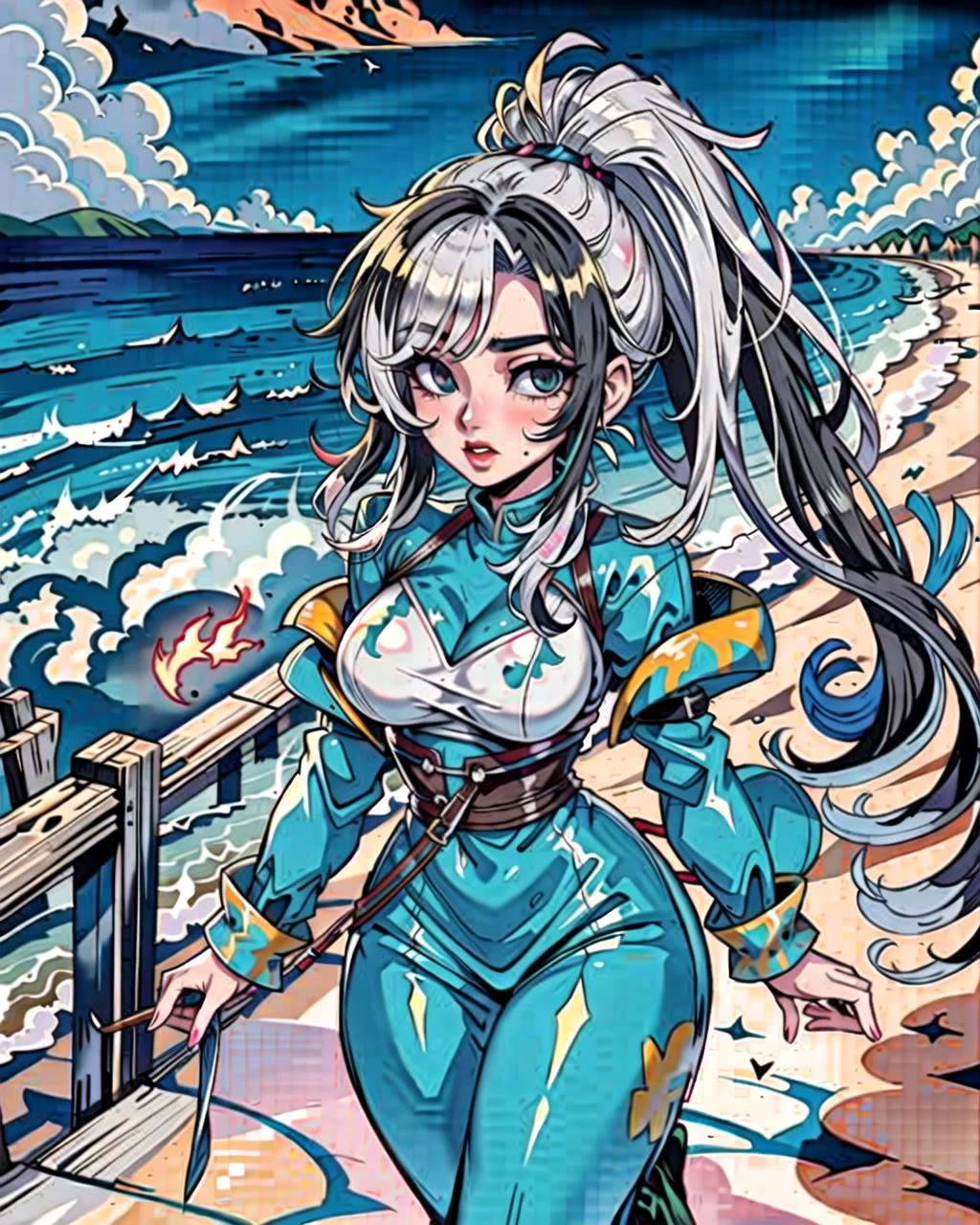 ((masterpiece), best quality, high quality, professional quality, highly detailed, highres, perfect lighting, natural lighting), (1girl, beautiful, medium breasts, (multicolored hair, silver hair,black hair,green hair, long hair, high ponytail), perfecteyes eyes), (wearing leather texture print, extremelyBeautiful_beautifulclotheswild/Extremely beautiful clothes), on the beach, walking the boardwalk, <lyco:locon_perfecteyes_v1_from_v1_64_32:0.6>, <lora:Anime_Lineart_Style_Lora:0.6>