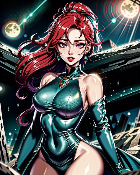 ((masterpiece), best quality, high quality, professional quality, highly detailed, highres, perfect lighting, natural lighting), Forming droplets, rash guard, Lady, Tall, Slim, Diamond-Shaped Face, Fair Skin, Red Hair, red Eyes, Short Nose, Full Lips, Prominent Chin, Shoulder-Length Hair, Wavy Hair, Long Straight Hair, soft breasts, Drop earrings, teal stain lipstick, Glistening droplets on a surface, Misty harbor view,bioluminescent, mighty interstellar warship, A small, rocky moon orbiting a gas giant, with a network of subterranean tunnels carved by ancient inhabitants., Underground Colony, unicorn, werewolf, <lyco:locon_perfecteyes_v1_from_v1_64_32:0.6>, <lora:Anime_Lineart_Style_Lora:0.6>