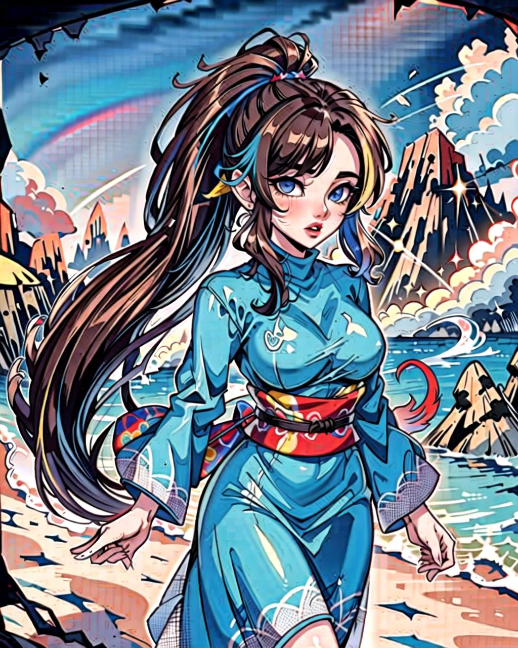 ((masterpiece), best quality, high quality, professional quality, highly detailed, highres, perfect lighting, natural lighting), (1girl, beautiful, medium breasts, (multicolored hair, brown hair,black hair,blue hair, long hair, high ponytail), perfecteyes eyes), (wearing lava texture print, extremelyBeautiful_beautifulclotheswild/Extremely beautiful clothes), on the beach, walking the boardwalk, <lyco:locon_perfecteyes_v1_from_v1_64_32:0.6>, <lora:Anime_Lineart_Style_Lora:0.6>