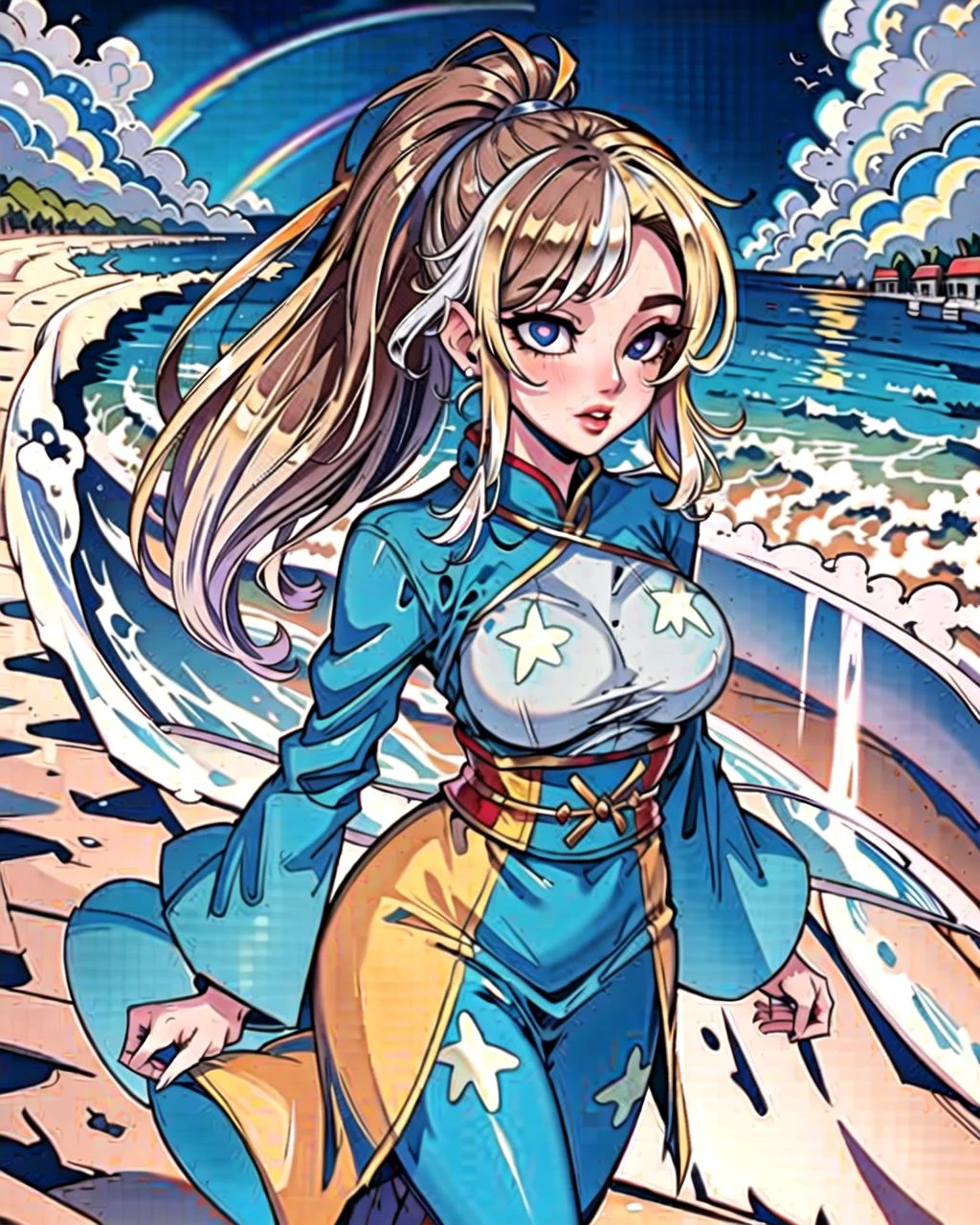 ((masterpiece), best quality, high quality, professional quality, highly detailed, highres, perfect lighting, natural lighting), (1girl, beautiful, medium breasts, (multicolored hair, brown hair,blonde hair,silver hair, long hair, high ponytail), perfecteyes eyes), (wearing rainbow print, extremelyBeautiful_beautifulclotheswild/Extremely beautiful clothes), on the beach, walking the boardwalk, <lyco:locon_perfecteyes_v1_from_v1_64_32:0.6>, <lora:Anime_Lineart_Style_Lora:0.6>
