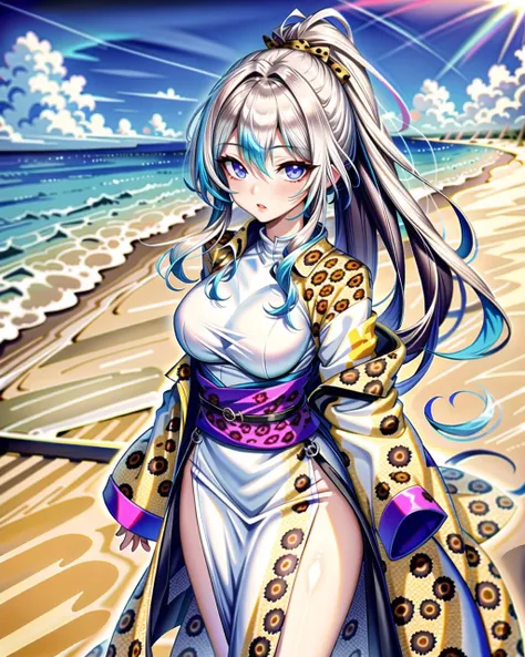 ((masterpiece), best quality, high quality, professional quality, highly detailed, highres, perfect lighting, natural lighting),, (1girl, beautiful, medium breasts, (multicolored hair, silver hair,brown hair,blue hair, long hair, high ponytail), perfecteyes eyes), (wearing leopard print, extremelyBeautiful_beautifulclotheswild/Extremely beautiful clothes), on the beach, walking the boardwalk, <lyco:locon_perfecteyes_v1_from_v1_64_32:0.6>, <lora:Anime_Lineart_Style_Lora:0.6>