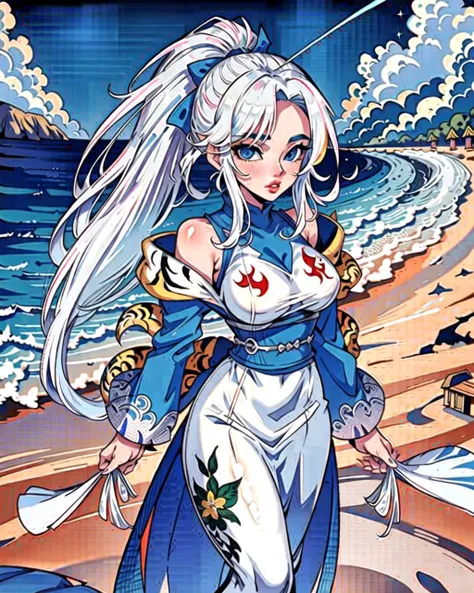 ((masterpiece), best quality, high quality, professional quality, highly detailed, highres, perfect lighting, natural lighting), (1girl, beautiful, medium breasts, (multicolored hair, blue hair,white hair,silver hair, long hair, high ponytail), perfecteyes eyes), (wearing tiger print, extremelyBeautiful_beautifulclotheswild/Extremely beautiful clothes), on the beach, walking the boardwalk, <lyco:locon_perfecteyes_v1_from_v1_64_32:0.6>, <lora:Anime_Lineart_Style_Lora:0.6>