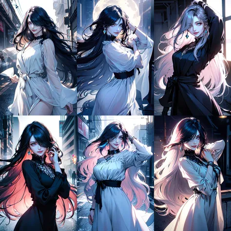 (otherworldly, otherworldly atmosphere, otherworldly appearance), highly insanely detailed, masterpiece, top quality, best quality, highres, 4k, 8k, RAW photo, (long_hair, long hair), collar, earrings, jewelry,
(random colors cloth, random colors hair, random long hair, dynamic hair, glowing hair),
long hair, eyelashes, eyeliner, makeup, hair over one eye,
(dynamic pose), (dynamic weather),
(realistic), (hyperrealism),best quality, masterpiece,ultra high res, (photorealistic:1.4),1girl,pale skin,(looking at viewer), <lora:add_detail:0.6>, metro city, dramatic lighting, best shadow,smart casual dress, wristwatch, jewelry,
cowboy shot,<lora:makina69_hamabeminami_v1.5:1>,
(smiling at viewer), (fantasy world)