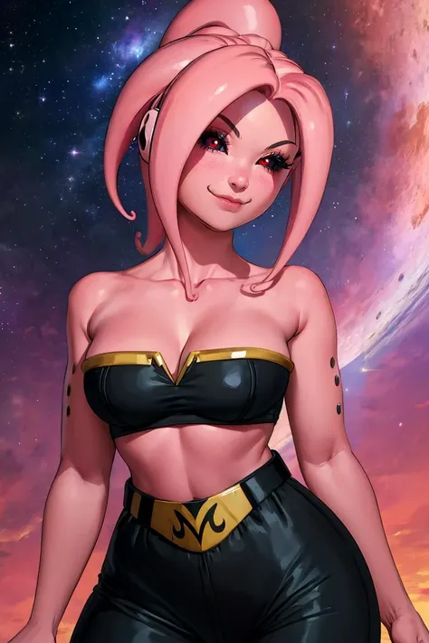 Fmajin,(pink skin:1.1),pink tentacle hair,smiling,(black sclera:1.2),red red eyes,tentacle hair,round ears,
baggypants,belt,black tube top,midriff,cleavage,bare shoulders,alien,M,shouler holes,
standing,no nose,
stars,space,milky way,
(insanely detailed, beautiful detailed face, masterpiece, best quality),solo,<lora:FemaleMajin-11X2v9:0.8>,