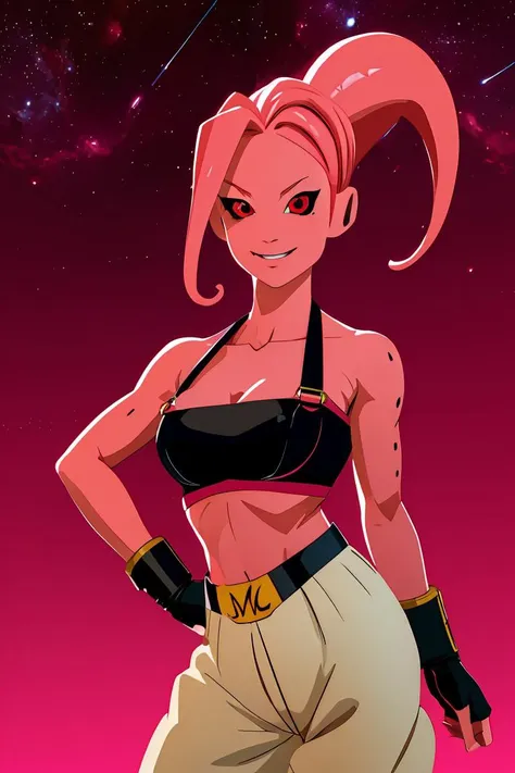 Fmajin,(pink skin:1.1),pink tentacle hair,smiling,(black sclera:1.2),red red eyes,tentacle hair,round ears,
baggypants,belt,black tube top,midriff,cleavage,bare shoulders,alien,M,shouler holes,
standing,no nose,
stars,space,milky way,
(insanely detailed, beautiful detailed face, masterpiece, best quality),solo,<lora:FemaleMajin-11X2v9:0.8>,