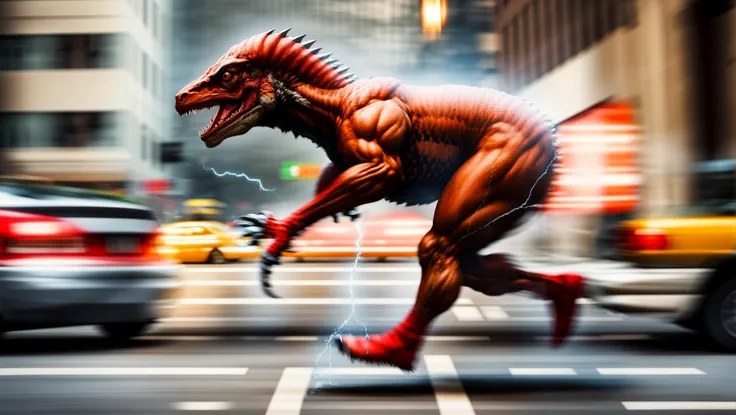 long exposure, <lora:Superspeed_running-10:0.9>, superspeed, Velociraptor on street, ((lighting)), ((motion blur)), from side,((( electricity))),