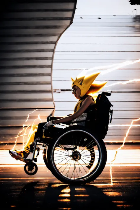 Highly detailed, High Quality, Masterpiece, beautiful, solo, running, superspeed, lighting, motion blur, electricity, from side <lora:Pos_SuperSpeedRunning:0.9>, SuperSonic:1.2, <lora:Char_Sonic_Sonic:0.9>, wheelchair, <lora:Pos_Wheelchair:0.4>