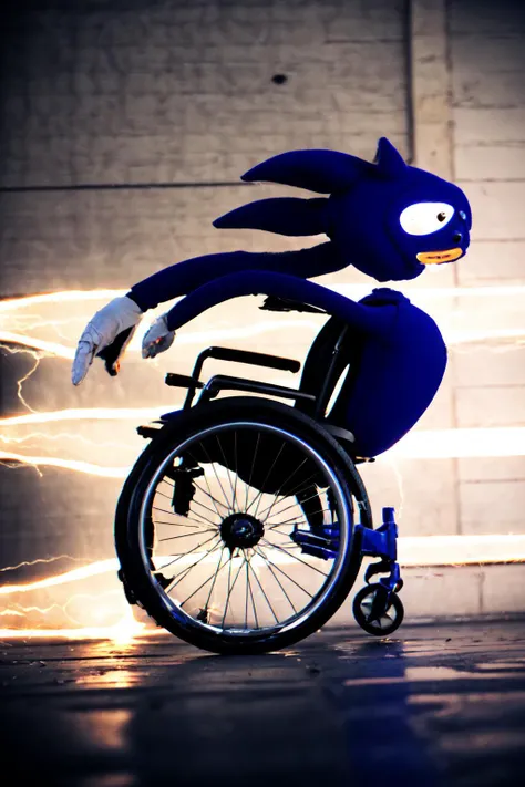 Highly detailed, High Quality, Masterpiece, beautiful, solo, running, superspeed, lighting, motion blur, electricity, from side <lora:Pos_SuperSpeedRunning:0.9>, Sanic, <lora:Char_Sonic_Sonic:0.8>, wheelchair, <lora:Pos_Wheelchair:0.4>