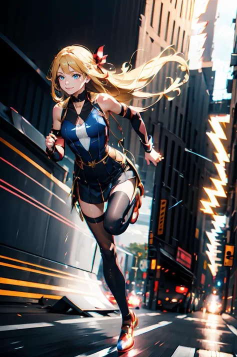 ultra detailed, masterpiece, best quality, solo, soft smile, light smile,
1girl, blue eyes, very long hair, blonde hair, long blonde hair, french braid, bangs, medium breasts,
hair ribbon, frilled choker, criss-cross halter, sleeveless dress, high-waist skirt, backless dress, waist bow, detached sleeves, frilled sleeves, wide sleeves, pantyhose, patterned legwear, mary janes, <lora:Super_speed_running_V2:0.8> super_speed, running, lighting, light trails, (motion blur),