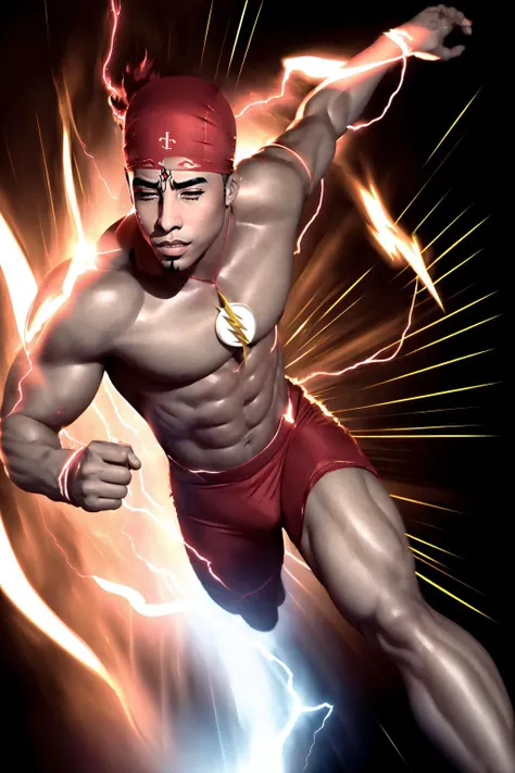 Highly detailed, High Quality, Masterpiece, beautiful, solo, Ricardo, red bandana on the head, <lora:Char_Sigmas_RicardoMilos:0.9>, topless, topless male, YaranaikaFace, <lora:Expression_YaranaikaFace:1>, running, (superspeed, lighting:1.2), motion blur, electricity, incoming, <lora:Pos_SuperSpeedRunning:0.9>