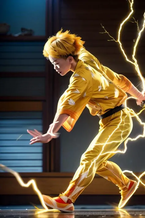 <lora:Superspeed_running-10:0.9>, superspeed, Zenitsu, a young asian boy, wearing a yellow kimono, yellow hair, head down, running with a katana sword, ((lighting)), motion blur, (from side),(( electricity)) <lora:Zenitsu:0.9>