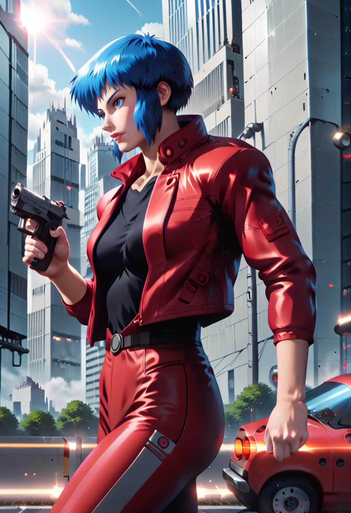 zPDXL2, OverallDetailXL, <lora:StS_detail_slider_v1:2.0>, <lora:add-detail-xl:1>, <lora:Ghost_In_The_Shell_style:0.6>, ghostintheshellstyle, <lora:kusanagi-arise-ponyxl-000060:1>, <lora:Superspeed:1.0>, <lora:Pony_Weapon_Pistol_-_By_HailoKnight:0.5>, dramatic lighting, vivid colors, vibrant colors, crisp image, clear image, ultra-high details, retro anime, retro artstyle, 1girl, kusamoar, blue hair, red jacket, black shirt, red pants, holding a pistol, from side, on a rooftop of a skyscraper, running, sprinting, motion blur, futuristic, cityscape,