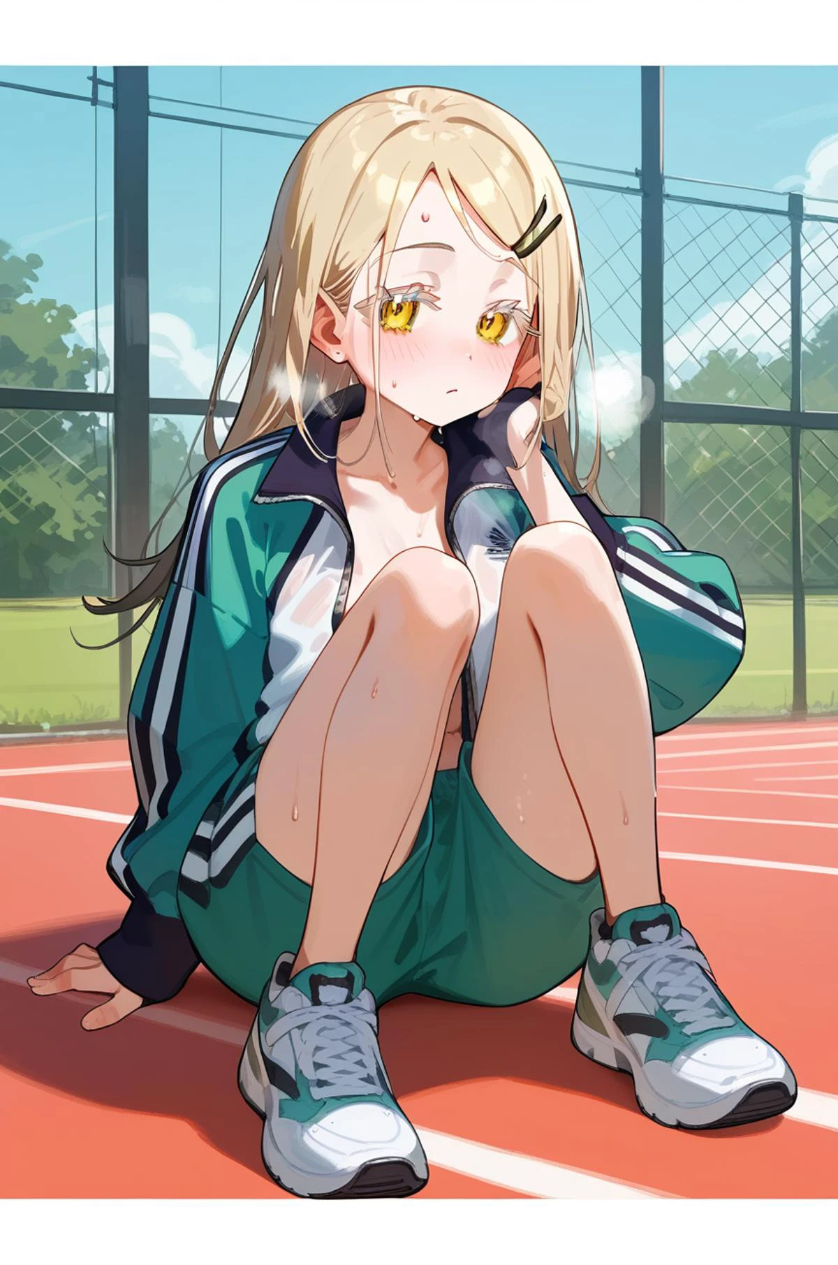 (score_9,score_8_up,score_7_up,score_6_up,score_5_up,score_4_up), source_anime, (rating_safe:0.0), (rating_questionable:0.0),(rating_explicit:1.0), best quality, masterpiece, uncensored, BEARK,
<lora:shinosawa hiro_gakuen idolmaster_PONY_last:0.9>hiro-gym,shinosawa hiro,slender,orange eyes,white eyelashes,blonde hair,long hair,hairclip,track jacket,green shorts,white sneakers,
sweat on head, heavy breathing, head focus, transparent sneakers, open shirt,