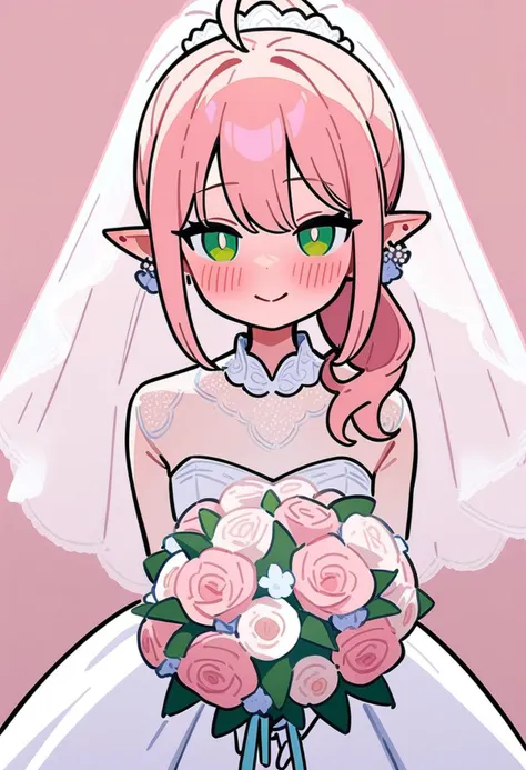 masterpiece, best quality, great quality, aesthetic, very aesthetic, absurdres, newest, 
1girl, solo focus, pink hair, ponytail, green eyes, ahoge, pointy ears, earrings, wedding dress, bouquet, lace trim, white gloves, long gloves, bridal veil, bride, smile, blush, petite, simple background, flat color