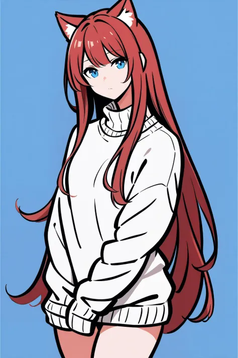 1girl, solo, blue background, two-tone background, simple background, flat color, raifu, dark red hair, straight hair, long hair, blue eyes, cat ears, white sweater, (bare legs:0.3), <lora:raifu-step00010000:0.9>  <lora:CleanLineArt:0.9>