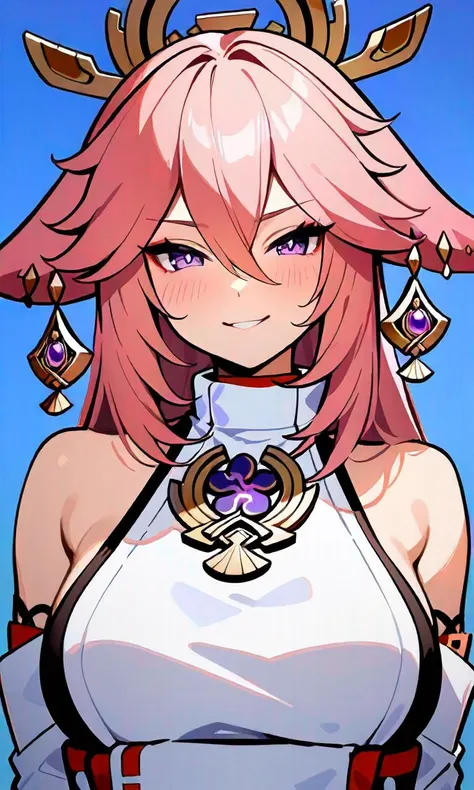 masterpiece, best quality, 1girl, yae miko, genshin impact, smirk, <lora:CleanLineArt:0.8>, blue background, simple background, looking at viewer, blush, upper body, facing viewer,