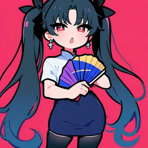 masterpiece,best quality,
<lora:CleanLineArt:0.8>,simple background,
cute girl,petite,red background,shortstack girl,1girl,tohsaka rin,twintails,black thighhighs,
earrings,folding fan,holding gan,jewelry,looking at viewer,open mouth,short sleeves,solo,standing,very long hair,newest,