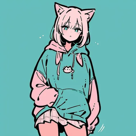 masterpiece, best quality, 1girl, hoodie, cat ears, skirt, green background, flat color <lora:Autodl1956:1>