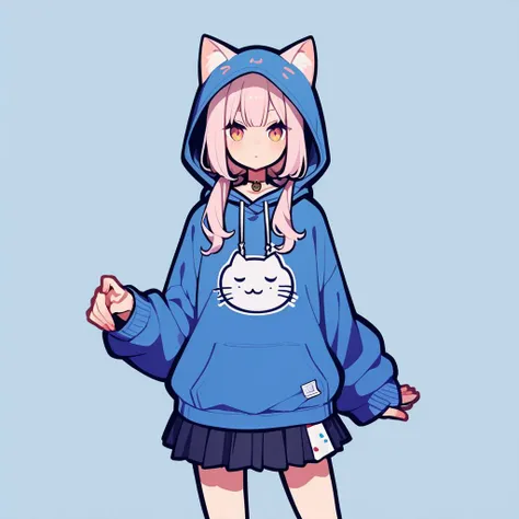 1girl, hoodie, cat ears, skirt, blue background <lora:Autodl1956:1>