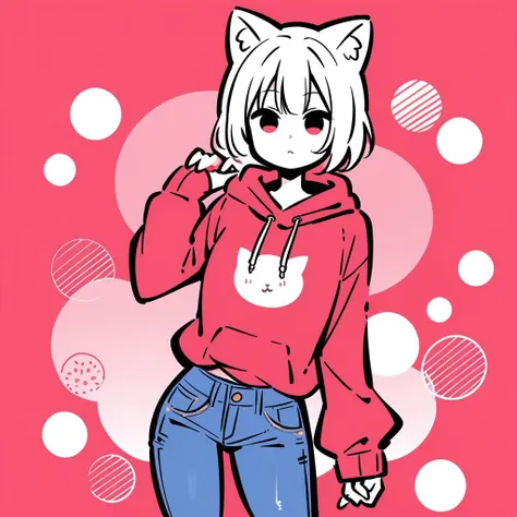 1girl, hoodie, cat ears, jeans, flat color, red background <lora:Autodl1956:1>