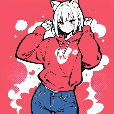 masterpiece, best quality, 1girl, hoodie, cat ears, jeans, flat color, red background <lora:Autodl1956:1>