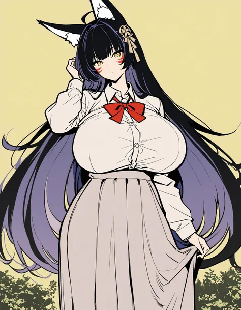 1girl,musashi \(azur lane\),solo,yellow eyes,standing,(red facepaint),huge breasts,((school uniform)),long dress,black hair,long hair,((fox ears)),hair ornament,park,masterpiece,best quality,high details,detailed,
<lora:Autodl1956:0.4>,two-tone background,flat color,yellow background,