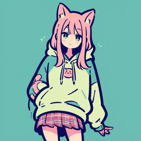 1girl, hoodie, cat ears, skirt, green background, flat color <lora:Autodl1956:1>