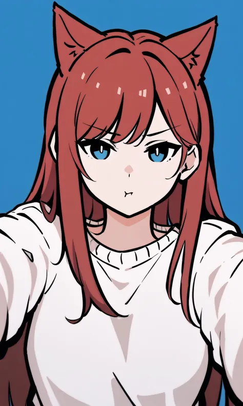 1girl, solo, pov, looking at viewer, blue background, simple background, flat color, raifu, dark red hair, straight hair, long hair, blue eyes, cat ears, white sweater, (bare legs:0.3), pout, <lora:raifu-step00010000:0.9>  <lora:CleanLineArt:0.9> <lora:xl_pov_cheek_warming_(meme)-000004:1.0>