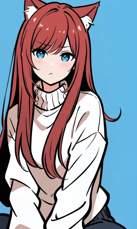 1girl, solo, pov, looking at viewer, blue background, simple background, flat color, raifu, dark red hair, straight hair, long hair, blue eyes, cat ears, white sweater, (bare legs:0.3), pout, blush, <lora:raifu-step00010000:1.0>  <lora:CleanLineArt:0.9>