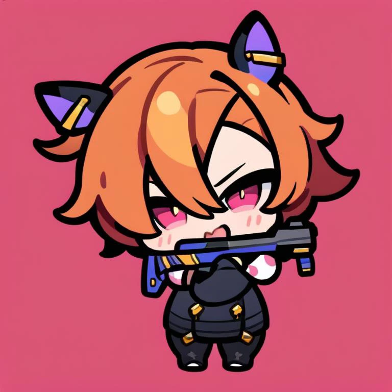 masterpiece,best quality,(chibi:1.2),
<lora:CleanLineArt:0.8>,simple background,
cute girl,petite,red background,shortstack girl,1girl,black jacket,t.m. opera o \(umamusume\),black-framed eyewear,
earrings,folding fan,holding gun,jewelry,looking at viewer,open mouth,solo,standing,very long hair,newest,