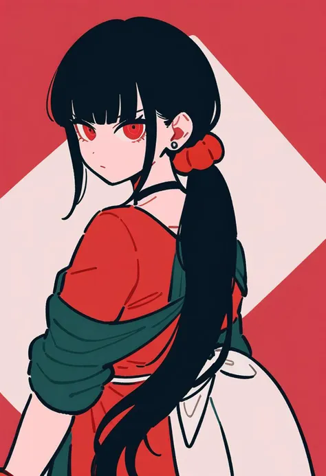 masterpiece, best quality, great quality, aesthetic, very aesthetic, absurdres, newest, 
1girl, solo focus, harukawa maki, danganronpa \(series\), red eyes, black hair, low twintails, hair scrunchies, red scrunchies, red background, two-tone background, simple background, flat color