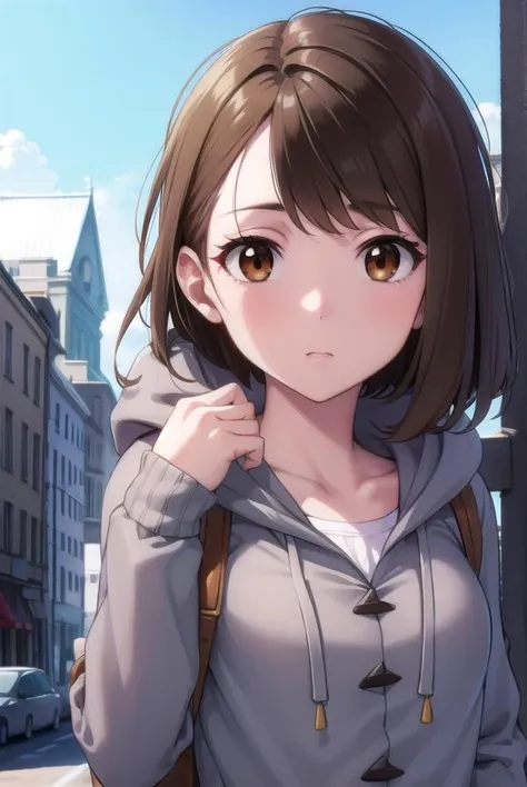 pokemongloria, <lora:pokemongloria-lora-nochekaiser:1>,
pokemongloria, (brown eyes:1.5), brown hair, medium hair, (small breasts:1.2),
BREAK cardigan, dress, green headwear, grey cardigan, hood, hood down, hooded cardigan, long sleeves, pink dress, short dress,
BREAK looking at viewer, (upper body:1.2),
BREAK outdoors, city, sky,
BREAK <lyco:GoodHands-beta2:1>, (masterpiece:1.2), best quality, high resolution, unity 8k wallpaper, (illustration:0.8), (beautiful detailed eyes:1.6), extremely detailed face, perfect lighting, extremely detailed CG, (perfect hands, perfect anatomy),