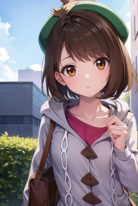 pokemongloria, <lora:pokemongloria-lora-nochekaiser:1>,
pokemongloria, (brown eyes:1.5), brown hair, medium hair, (small breasts:1.2),
BREAK cardigan, dress, green headwear, grey cardigan, hood, hood down, hooded cardigan, long sleeves, pink dress, short dress,
BREAK looking at viewer, (upper body:1.2),
BREAK outdoors, city, sky,
BREAK <lyco:GoodHands-beta2:1>, (masterpiece:1.2), best quality, high resolution, unity 8k wallpaper, (illustration:0.8), (beautiful detailed eyes:1.6), extremely detailed face, perfect lighting, extremely detailed CG, (perfect hands, perfect anatomy),