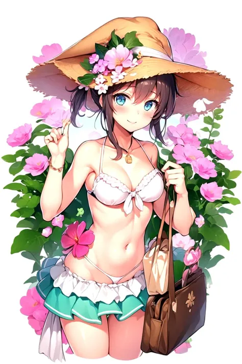 (masterpiece, best quality:1.2), <lora:urozukiv1-000060:1>, 1girl, bikini, upper body, smile, blush, flowers