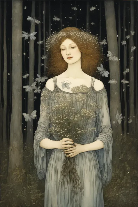 John Albert Bauer Style - a woman softly smiling and holding a bouquet of flowers in a dark forest with dancing fireflies in the style of Edward Burne-Jones