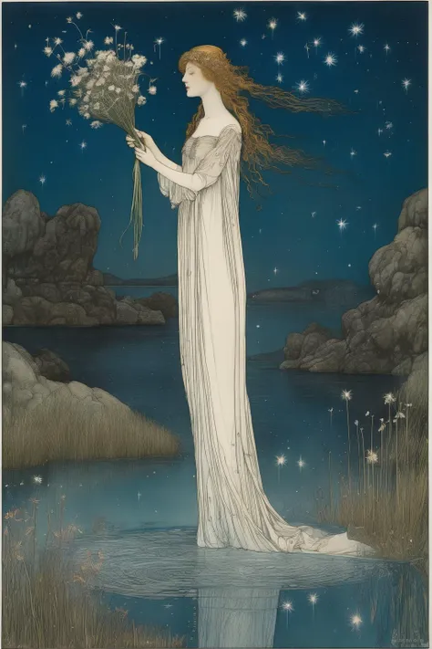 John Albert Bauer Style - a woman softly smiling and holding a bouquet of flowers in a lagoon with shooting stars and northern lights in the style of Edward Burne-Jones