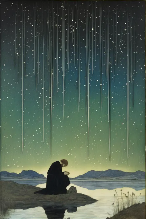 John Albert Bauer Style - a man kneeling on the ground with his head bowed in dispair in a lagoon with shooting stars and northern lights in the style of Edward Burne-Jones