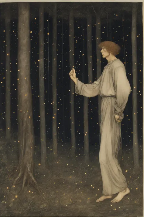John Albert Bauer Style - A man raising his fist to threaten someone beside him in a dark forest with dancing fireflies in the style of Edward Burne-Jones