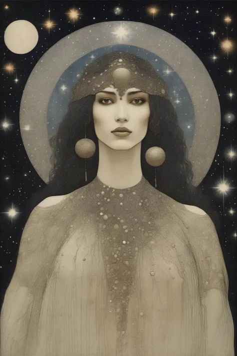 John Albert Bauer Style - a hispanic goddess made of stars