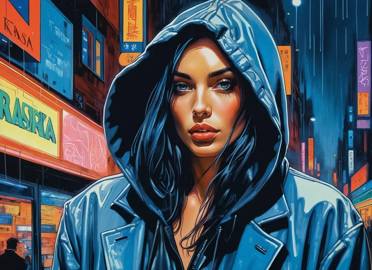 (a girl with a beautiful face), nighttime, cyberpunk city, dark, raining, neon lights ((,Wearing a blazer over a hoodie)), blazer, hoodie, (<lora:pastel_colors_xl_v1:0.8> pastel colors ,<lora:Neon Night:0.5> Neon Night), cyberpunk, synthwave, 1980s, futurism, brutalism, neuromancer, cinematic photo in a grocery store, ((art by Philip de Koninck)),art by enki bilal, art by philippe druillet, art by moebius, inspired by french comics art,Pastels, Chiaroscuro,Background is stunning 17th century european village scenery, detailed and intricate environment, oil painting, palette knife soft brushstrokes, heavy strokes, dripping paint, art station on trend, sharp focus, intricate details, highly detailed