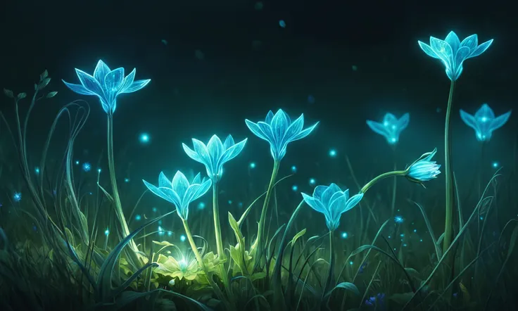 Beautiful detailed digital illustration of a Bioluminescent flowers in elven meadow <lora:d\EnvyLiminalXL01:0.7> liminal, <lora:pastel_colors_xl_v3:0.7> , Cinematic lighting