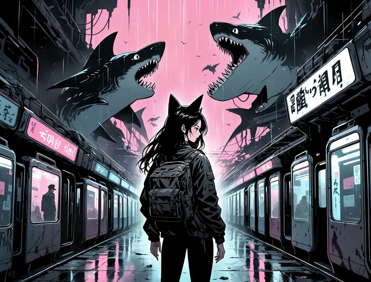 (ANNMARIE), nighttime, cyberpunk city, dark, raining, neon lights , (<lora:itoStyleLycoris:0.5>,<lora:pastel_colors_xl_v1:0.8> pastel colors ), cyberpunk, synthwave, 1980s, futurism, brutalism, neuromancer, cinematic photo in a subway station, ((pinkfong shark)),Amid the ruins of a once-majestic fortress, a soldier pauses, her silhouette ghostly against the backdrop of shifting terrains that oscillate between detailed battle maps and molten landscapes, Tornado, Barren trees, Menacing,