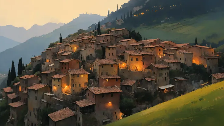 A hillside village in the Italian countryside, where terracotta rooftops cascade down the slopes, and the aroma of homemade pasta wafts through the air, AshleyWoodArtAI,, neon pastel,, sharp focus, Highly Detailed, Cinematic Lighting, HD, illustration, volumetric lighting, epic Composition, 8k, art by Akihiko Yoshida and Greg Rutkowski and Craig Mullins, oil painting, cgsociety <lora:AshleyWoodArtAIcc:0.7> <lora:xl_more_art-full_v1:0.4> <lora:pastel_colors_xl_v3:0.7> <lora:detailed_notrigger:0.8>