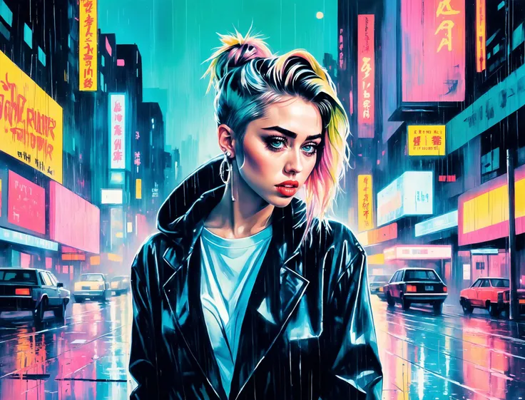 (Miley Cyrus), nighttime, cyberpunk city, dark, raining, neon lights ((,Wearing a blazer over a hoodie)), blazer, hoodie, (<lora:pastel_colors_xl_v1:0.8> pastel colors ), cyberpunk, synthwave, 1980s, futurism, brutalism, neuromancer, cinematic photo in Norway, looking back at the viewer over her shoulder,,art by Agnes Cecile,analog, the contrast in colors and textures should be distinct highly detailed, surreal, vibrant yet slightly desaturated, faded film, desaturated, 35mm photo, grainy, vignette, vintage, Kodachrome, Lomography, stained, highly detailed, found footage